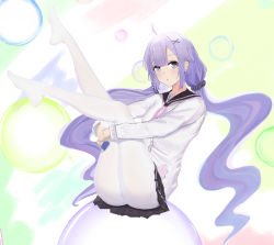 Rule 34 | 1girl, :o, azur lane, black skirt, bubble, cardigan, dido (magicc), full body, hair ornament, hairclip, highres, hugging own legs, legs up, long hair, looking at viewer, low twintails, no shoes, official alternate costume, open mouth, pantyhose, purple eyes, purple hair, school uniform, simple background, skirt, solo, twintails, unicorn (azur lane), unicorn (long-awaited date) (azur lane), white cardigan, white pantyhose