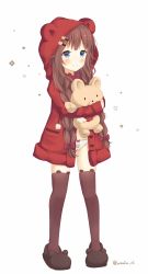 Rule 34 | 1girl, ahoge, animal hood, animal print, bad id, bad pixiv id, bear hair ornament, bear hood, bear panties, bear print, black thighhighs, blue eyes, blush, bow, bow panties, bowtie, braid, brown hair, buttons, coat, creative commons, eyelashes, female focus, flower (symbol), full body, hair bow, hair ornament, hairpin, heart, heart button, highres, holding, hood, hooded top, lace, lace-trimmed panties, lace trim, long braid, long hair, mony, no pants, hugging object, original, panties, pom pom (clothes), print panties, red bow, red bowtie, red coat, red hood, simple background, slippers, smile, solo, stuffed animal, stuffed toy, teddy bear, thighhighs, twin braids, underwear, white background, white panties