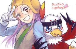 Rule 34 | 00s, ayame (artist), beak, bird, blue eyes, blush, brown eyes, character name, claws, digimon, digimon (creature), digimon adventure 02, feathers, glasses, gloves, grin, hat, hawkmon, inoue miyako, long hair, purple hair, salute, simple background, smile, talons, two-finger salute, white background
