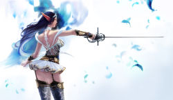 Rule 34 | 1girl, ass, bad id, bad pixiv id, bare shoulders, belt, blue hair, bracelet, choker, danu kim, elf, epee, feathers, garter straps, holding, holding sword, holding weapon, jewelry, long hair, miniskirt, original, panties, pointy ears, profile, rapier, skirt, solo, stance, sword, thighhighs, underwear, vambraces, very long hair, weapon