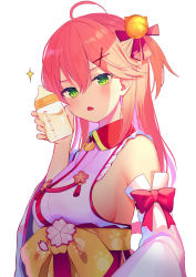 Rule 34 | 1girl, ahoge, baby bottle, bell, blush, bottle, breasts, chiroron, collared shirt, detached sleeves, green eyes, hair bell, hair between eyes, hair ornament, highres, holding, holding bottle, hololive, jingle bell, long hair, long sleeves, looking at viewer, medium breasts, milk, one side up, parted lips, paw pose, pink hair, sakura miko, sakura miko (1st costume), sash, shirt, sideboob, simple background, sleeveless, sleeveless shirt, solo, sparkle, upper body, virtual youtuber, white background, white shirt, x hair ornament, yellow sash