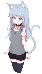 Rule 34 | 1girl, animal ear fluff, animal ears, arms at sides, bell, black shorts, black thighhighs, blue eyes, blue hair, blunt bangs, buttons, cat ears, cat tail, choker, collared shirt, cropped legs, expressionless, eyelashes, highres, jingle bell, long hair, looking afar, matching hair/eyes, no pupils, original, pocket, shirt, shone, short sleeves, shorts, simple background, solo, standing, sweatband, tail, thighhighs, very long hair, white background, wing collar