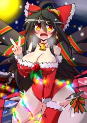 Rule 34 | 1girl, :d, bag, bare shoulders, bell, neck bell, belt, black hair, black wings, blush, bow, breasts, brooch, chimney, choker, christmas lights, collarbone, commentary request, cowboy shot, fang, full moon, fur trim, gem, gift, glint, groin, hair bow, heavy breathing, highres, hip focus, holly, jewelry, large breasts, long hair, mistletoe, moon, no panties, open mouth, orange eyes, reiuji utsuho, ribbon choker, rindou (p41neko), red gemstone, smile, snowing, solo, surprised, thighs, third eye, tongue, touhou, v, wide hips, wings, wrapped up