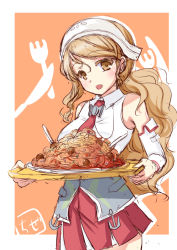 Rule 34 | 10s, 1girl, brown eyes, brown hair, chize, detached sleeves, food, kantai collection, littorio (kancolle), long hair, looking at viewer, miniskirt, open mouth, pasta, red skirt, sketch, skirt, solo, spaghetti