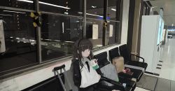 Rule 34 | 1girl, absurdres, bandages, black hair, chair, crutch, drinking, hairband, highres, long hair, mcdonald&#039;s, night, original, orval, reflection, sitting, train station, vending machine, window