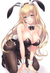 Rule 34 | 1girl, animal ears, ayase hazuki, azur lane, bare shoulders, black bow, black bowtie, black footwear, black pantyhose, blonde hair, blue eyes, bow, bowtie, breasts, cleavage, closed mouth, detached collar, highres, kneeling, large breasts, leotard, long hair, looking at viewer, north carolina (azur lane), north carolina (the heart&#039;s desire) (azur lane), pantyhose, playboy bunny, rabbit ears, rabbit tail, shoes, simple background, smile, solo, tail, thigh strap, very long hair, white background, wrist cuffs