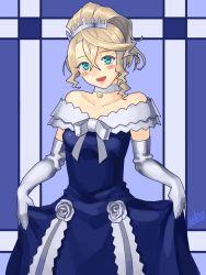 Rule 34 | 10s, 1girl, :d, alisha diphda, aqua eyes, blue dress, blush stickers, crown, dress, elbow gloves, gloves, hair between eyes, lips, looking at viewer, official alternate costume, open mouth, skirt hold, smile, solo, tales of (series), tales of zestiria, ubo (ubo tales)