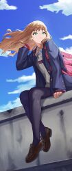 Rule 34 | 1girl, bag, black pantyhose, blue jacket, brown footwear, cloud, expressionless, floating hair, green eyes, grey shirt, gridman universe, highres, jacket, light brown hair, loafers, long hair, long sleeves, looking to the side, mandei (nao 1234567), minami yume, pantyhose, pink bag, school bag, shirt, shoes, sitting, sky, solo, ssss.dynazenon