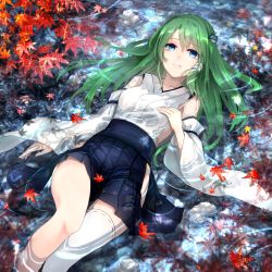 Rule 34 | 1girl, autumn leaves, bare shoulders, blue eyes, blue skirt, breasts, collarbone, commentary request, detached sleeves, female focus, frog hair ornament, green hair, hair ornament, hair tubes, hakama, hakama short skirt, hakama skirt, hip vent, japanese clothes, kochiya sanae, long hair, long sleeves, looking at viewer, lying, md5 mismatch, medium breasts, nekohashi, resolution mismatch, single thighhigh, skirt, snake hair ornament, solo, source smaller, thighhighs, thighs, touhou, water, white thighhighs, wide sleeves