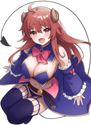 Rule 34 | 1girl, :d, ahoge, blue thighhighs, borushichi, bow, bowtie, breasts, cleavage, commentary request, curled horns, demon girl, demon horns, demon tail, detached sleeves, fang, full body, highres, horns, large breasts, long hair, looking at viewer, machikado mazoku, open mouth, pink bow, pink bowtie, red eyes, red hair, simple background, skin fang, smile, solo, tail, thighhighs, thighs, white background, yoshida yuuko (machikado mazoku)