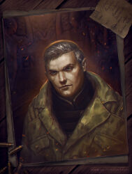 1boy blood blood_on_clothes blue_eyes bullet coat colonel_autumn deviantart_username enclave_(fallout) fallout_(series) fallout_3 fire grey_hair insolense male_focus military_coat military_uniform paper photo_(object) scar table