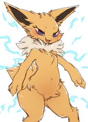 Rule 34 | 1girl, :3, absurdres, animal ears, animal hands, artist name, blush, body fur, bright pupils, claws, creatures (company), dated, electricity, extra breasts, female focus, flat chest, furry, furry female, game freak, gen 1 pokemon, groin, happy, highres, ingi, jolteon, looking at viewer, navel, neck fur, nintendo, nipples, open mouth, personification, pokemon, pokemon (creature), purple eyes, signature, smile, solo, standing, stomach, tail, teeth, thick thighs, thighs, tongue, two-tone fur, white background, white fur, white pupils, wide hips, yellow fur