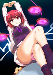 Rule 34 | 1girl, :&lt;, arms up, ass, bare legs, belt, black background, black footwear, black shirt, blue background, boots, breasts, coat, commentary request, crossed legs, drum, dutch angle, electricity, feet out of frame, gradient background, highres, horikawa raiko, instrument, long sleeves, looking at viewer, medium breasts, miniskirt, necktie, panties, pantyshot, pencil skirt, pink eyes, pink panties, purple necktie, red hair, shirt, short hair, sitting, skirt, solo, stretching, sweat, tada no nasu, taiko drum, thighs, touhou, underwear, uneven eyes, white coat, white skirt, wing collar