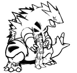 Rule 34 | 00s, 1girl, alternate costume, boots, creatures (company), dawn (pokemon), game freak, gen 2 pokemon, gianoa, greyscale, hand on own chest, high contrast, highres, monochrome, monster, nintendo, open mouth, pokemon, pokemon (creature), pokemon dppt, scar, size difference, standing, tyranitar