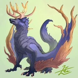 Rule 34 | animal ears, animal focus, antlers, blue fur, claws, full body, green background, highres, horns, looking at viewer, monster, no humans, open mouth, original, sharp teeth, signature, simple background, sitting, solo, tail, teeth, wings, wolf ears, yamamura le, yellow eyes, yellow horns