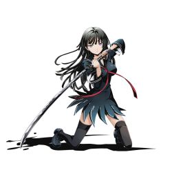 Rule 34 | 10s, 1girl, black bullet, black dress, black hair, black thighhighs, breasts, divine gate, dress, female focus, floating neckwear, full body, holding, holding sword, holding weapon, katana, kneeling, large breasts, long hair, looking at viewer, necktie, official art, purple eyes, red necktie, shadow, solo, sword, tendou kisara, thighhighs, transparent background, ucmm, weapon
