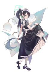 Rule 34 | 1girl, absurdres, apron, aris (blue archive), aris (maid) (blue archive), black dress, black footwear, black hair, blue archive, blue eyes, blush, dress, frilled apron, frills, full body, halo, highres, long hair, looking at viewer, looking to the side, maid, maid headdress, mary janes, may.l, official alternate costume, pantyhose, ponytail, puffy short sleeves, puffy sleeves, shoes, short sleeves, skirt hold, smile, solo, very long hair, white apron, white pantyhose, wristband