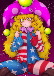 Rule 34 | 1girl, absurdres, american flag dress, american flag gloves, american flag legwear, american flag print, bad id, bad pixiv id, black background, blonde hair, boots, brown footwear, clownpiece, double middle finger, dress, elbow gloves, gloves, gradient background, hat, highres, jester cap, long hair, looking at viewer, messy hair, miazuma sarin, microdress, middle finger, neck ruff, pantyhose, pink eyes, pink hat, polka dot, print gloves, purple background, sitting, sleeveless, sleeveless dress, solo, spread legs, star-shaped pupils, star (symbol), star print, striped clothes, striped dress, striped pantyhose, symbol-shaped pupils, touhou