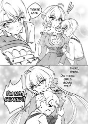 Rule 34 | !, !!, 1boy, 1girl, absurdres, ahoge, axia-chan, bare shoulders, breasts, child, comic, english text, greyscale, highres, large breasts, leopold (symphogear), long hair, long sleeves, monochrome, necktie, senki zesshou symphogear, senki zesshou symphogear xd unlimited, shirt, short hair, twintails, very long hair, yukine chris