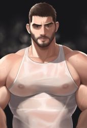 Rule 34 | 1boy, bara, black hair, chris redfield, closed mouth, covered erect nipples, facial hair, gr goden, highres, large pectorals, male focus, muscular, muscular male, pectorals, resident evil, resident evil village, see-through, short hair, solo, tank top, upper body, white tank top