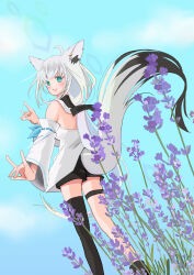 Rule 34 | 1girl, ahoge, animal ear fluff, animal ears, black shorts, black thighhighs, blush, braid, cloud, cloudy sky, commentary request, day, detached sleeves, double fox shadow puppet, dutch angle, earrings, flower request, fox ears, fox girl, fox shadow puppet, fox tail, green eyes, hair between eyes, highres, hololive, hood, hoodie, jewelry, long hair, looking at viewer, looking back, open mouth, outdoors, shirakami fubuki, shirakami fubuki (1st costume), short shorts, shorts, sidelocks, single braid, single thighhigh, sky, solo, sunoko (hcmd8422), tail, thigh strap, thighhighs, virtual youtuber, white hair, white hoodie
