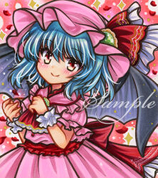 Rule 34 | 1girl, bat wings, blue hair, blush, brooch, closed mouth, dress, fang, fang out, frilled dress, frills, hat, jewelry, looking at viewer, marker (medium), medium hair, mob cap, pink dress, pink hat, puffy short sleeves, puffy sleeves, red eyes, remilia scarlet, rui (sugar3), sample watermark, short sleeves, smile, solo, sparkle, touhou, traditional media, upper body, watermark, wings, wrist cuffs