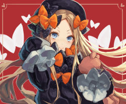 Rule 34 | 1girl, abigail williams (fate), bad id, bad pixiv id, black bow, black dress, black hat, blonde hair, blue eyes, bow, bug, butterfly, closed mouth, commentary request, dress, fate/grand order, fate (series), forehead, hair bow, hat, hugging object, insect, long hair, long sleeves, looking at viewer, okuma mai, orange bow, parted bangs, polka dot, polka dot bow, sleeves past wrists, smile, solo, stuffed animal, stuffed toy, teddy bear, v-shaped eyebrows, very long hair