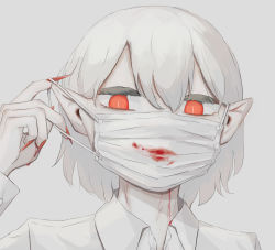 Rule 34 | absurdres, adjusting mask, avogado6, blood, blood on mask, bright pupils, collared shirt, commentary request, covered mouth, fingernails, hand up, highres, long fingernails, looking at viewer, mask, mouth mask, nail polish, original, pale skin, pointy ears, portrait, red eyes, red nails, sharp fingernails, shirt, simple background, slit pupils, solo, surgical mask, vampire, white background, white hair, white mask, white shirt, wing collar