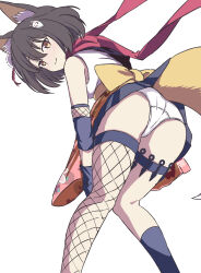 Rule 34 | 1girl, animal ear fluff, animal ears, ass, bamiyanpixel, black hair, blue archive, closed mouth, commentary, fishnet thighhighs, fishnets, fox ears, fox mask, from behind, hands on own knees, highres, izuna (blue archive), kunai, leaning forward, looking at viewer, looking back, mask, panties, pantyshot, pleated skirt, scarf, simple background, single thighhigh, skirt, smile, solo, thighhighs, underwear, weapon, white background, yellow eyes