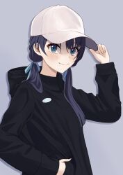 Rule 34 | 1girl, adjusting clothes, adjusting headwear, alternate costume, baseball cap, black hoodie, blue eyes, blue hair, blue ribbon, blush, closed mouth, commentary request, dark blue hair, drop shadow, grey background, hair between eyes, hair ribbon, hand in pocket, hand up, hat, highres, hood, hood down, hoodie, link! like! love live!, long hair, long sleeves, looking at viewer, love live!, low twintails, murano sayaka, ribbon, simple background, smile, solo, split mouth, twintails, upper body, virtual youtuber, wachida 01d, white hat