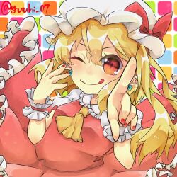 Rule 34 | 1girl, ;q, artist name, ascot, bow, breasts, closed mouth, cowboy shot, earrings, flandre scarlet, frilled shirt collar, frilled skirt, frills, hair between eyes, hat, hat bow, highres, jewelry, leaning back, long hair, looking at viewer, mob cap, multicolored background, nail polish, narugami yuuhi, one eye closed, one side up, pointing, pointing at viewer, pointy ears, puffy short sleeves, puffy sleeves, red bow, red eyes, red nails, red skirt, red vest, shirt, short sleeves, simple background, skirt, skirt set, small breasts, solo, tongue, tongue out, touhou, twitter username, v-shaped eyebrows, vest, white hat, white shirt, wrist cuffs, yellow ascot