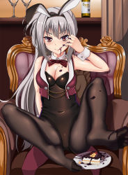 Rule 34 | 1girl, :p, animal ears, bare shoulders, black leotard, black pantyhose, blush, bow, bowtie, breasts, cake, champagne bottle, chocolate, chocolate on body, chocolate on breasts, chocolate on foot, cleavage, covered navel, cropped vest, cup, dawn02, detached collar, dracu-riot!, drinking glass, elena olegovna owen, fake animal ears, feet, finger to mouth, food, food on body, fruit, highres, indoors, leg up, leotard, long hair, looking at viewer, medium breasts, no shoes, open clothes, open vest, pantyhose, plate, playboy bunny, rabbit ears, red bow, red bowtie, red eyes, red vest, silver hair, sitting, skin tight, sleeveless, soles, solo, spread legs, strapless, strapless leotard, strawberry, tasting, thick eyebrows, throne, toes, tongue, tongue out, very long hair, vest, wrist cuffs