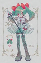 Rule 34 | 1girl, artist name, blush, boots, bow, buttons, character name, closed mouth, creatures (company), dated, eyelashes, full body, game freak, gen 3 pokemon, gloves, green footwear, green hair, green shorts, hair between eyes, hair ornament, highres, holding, holding sword, holding weapon, kirlia, long hair, long sleeves, looking at viewer, mixed-language commentary, narumame, nintendo, personification, pokedex number, pokemon, red eyes, shorts, standing, sword, thigh boots, thighhighs, twintails, weapon, white gloves
