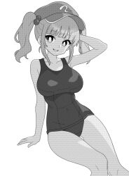 Rule 34 | 1girl, bare arms, bare legs, bare shoulders, blunt bangs, breasts, collarbone, commentary, covered navel, feet out of frame, flat cap, gluteal fold, greyscale, hair bobbles, hair ornament, hat, kawashiro nitori, medium breasts, medium hair, monochrome, one-piece swimsuit, onkn sxkn, open mouth, school swimsuit, simple background, sitting, smile, solo, swimsuit, thigh gap, touhou, two side up, white background