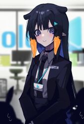 Rule 34 | 3girls, absurdres, black choker, black hair, black jacket, black necktie, black skirt, blue eyes, blunt bangs, blurry, blurry background, blush, business suit, chair, choker, collared shirt, colored inner hair, commentary, english commentary, flying sweatdrops, formal, hair ornament, highres, hololive, hololive english, houshou marine, id card, indoors, jacket, lanyard, long hair, long sleeves, mentally deficient, monitor, multicolored hair, multiple girls, name tag, necktie, ninomae ina&#039;nis, office, office chair, office lady, orange hair, pointy ears, purple hair, shirt, sidelocks, skirt, smile, solo focus, suit, swivel chair, tentacle hair, usada pekora, virtual youtuber, white shirt, window