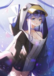 Rule 34 | 1girl, absurdres, animal hood, backlighting, bad id, bad pixiv id, bare shoulders, black jacket, blue bow, blue eyes, bow, breasts, choker, closed mouth, collarbone, eyewear on head, fate/grand order, fate (series), goowonjoon, hair between eyes, highres, hood, jacket, licking lips, long hair, long sleeves, looking at viewer, meltryllis, meltryllis (fate), meltryllis (swimsuit lancer) (fate), meltryllis (swimsuit lancer) (first ascension) (fate), penguin hood, purple hair, sleeves past fingers, sleeves past wrists, small breasts, smile, solo, sunglasses, thighs, tongue, tongue out, very long hair