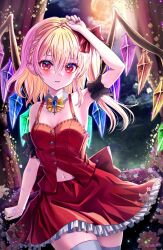 Rule 34 | 1girl, adapted costume, arm at side, arm cuffs, arm up, armpits, bare shoulders, blonde hair, blue gemstone, blush, bow, bowtie, braid, breasts, cleavage, commentary request, cowboy shot, cross, crystal, detached collar, eyelashes, eyeshadow, flandre scarlet, flower, frilled skirt, frills, full moon, gem, hair between eyes, hair bow, highres, indoors, light particles, lips, looking at viewer, makeup, medium hair, miniskirt, moon, nail polish, navel, night, orange moon, parted lips, pink flower, pointy ears, red bow, red eyes, red nails, red shirt, red skirt, rouge (my rouge), shirt, side braid, side ponytail, skirt, sleeveless, sleeveless shirt, small breasts, solo, spaghetti strap, thighhighs, touhou, twitter username, white thighhighs, wings, yellow bow, yellow bowtie, zettai ryouiki