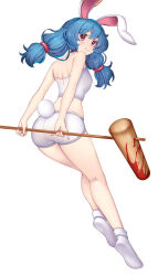 Rule 34 | 1girl, animal ears, ass, bare shoulders, blood, blue hair, camisole, from behind, hataraki kuma, highres, kneepits, legs, long hair, looking back, mallet, no shoes, pink eyes, rabbit ears, rabbit girl, rabbit tail, seiran (touhou), short shorts, shorts, smile, socks, solo, tail, thighs, touhou, twintails, white camisole, white shorts, white socks