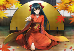 Rule 34 | 1girl, autumn leaves, bad id, bad pixiv id, beckoning, blue hair, brown eyes, from behind, japanese clothes, kimono, kneeling, kurojishi, leaf, long hair, looking at viewer, maple leaf, on floor, original, outstretched arm, outstretched hand, reaching, sitting, solo, wooden floor
