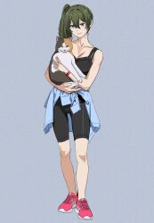Rule 34 | 1girl, absurdres, animal, armband, bike shorts, cat, clothes around waist, contemporary, green hair, highres, holding, holding animal, holding cat, purple eyes, red armband, shiren (ourboy83), shoes, simple background, sneakers, solo, sousou no frieren, ubel (sousou no frieren)