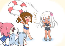 Rule 34 | &gt; &lt;, 10s, 4girls, :d, :o, bare arms, bare legs, barefoot, blue eyes, blue hair, brown hair, closed eyes, flower, gradient hair, hair flower, hair ornament, hair ribbon, i-168 (kancolle), i-19 (kancolle), i-401 (kancolle), innertube, kantai collection, lifebuoy, long hair, multicolored hair, multiple girls, open mouth, pink hair, ponytail, red eyes, ribbon, ro-500 (kancolle), sailor collar, school swimsuit, school uniform, serafuku, shibi, slippers, smile, swim ring, swimsuit, swimsuit under clothes, tan, tanline, translated, twintails, white hair, xd