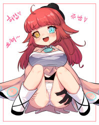 Rule 34 | 1girl, animal ears, bandages, bandages around chest, bare legs, black footwear, black hat, black ribbon, blue eyes, blush, breasts, colored sclera, dress, drooling, eyelashes, fang, gat (korean traditional hat), grabbing own thigh, grey sclera, hanbok, hat, heterochromia, highres, jacket, kaling (maplestory), knees up, korean clothes, korean text, large breasts, long hair, long sleeves, looking at viewer, maplestory, mesugaki, mismatched sclera, neck ribbon, nunvora, open mouth, panties, pink dress, pink skirt, pink sleeves, pleated skirt, red hair, ribbon, sitting, skirt, socks, solo, spread legs, tilted headwear, underwear, white panties, white socks, wide sleeves, yellow eyes