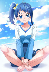 Rule 34 | 1girl, ahoge, bare legs, barefoot, blue eyes, blue hair, blue shirt, blue skirt, bow, breasts, cleavage, closed mouth, collarbone, hair bow, hanzou, high ponytail, highres, hirogaru sky! precure, indian style, long hair, long sleeves, looking at viewer, miniskirt, pleated skirt, precure, shirt, side ponytail, sitting, skirt, small breasts, smile, solo, sora harewataru, two-tone shirt, white shirt, yellow bow