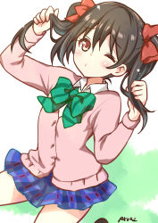 Rule 34 | 10s, 1girl, absurdres, black hair, blue skirt, blush, bow, buttons, cardigan, green bow, hair bow, highres, holding, holding own hair, long hair, long sleeves, looking at viewer, love live!, love live! school idol project, one eye closed, red bow, red eyes, ryuki (ryukisukune), school uniform, skirt, solo, twintails, white background, wink, yazawa nico