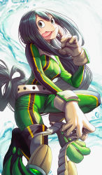Rule 34 | 1girl, :p, absurdres, asui tsuyu, bad id, bad pixiv id, black hair, bodysuit, boku no hero academia, breasts, brown gloves, commentary request, gibagiba, gloves, green bodysuit, green eyes, helmet, highres, holding, holding helmet, huge filesize, long hair, long tongue, looking at viewer, medium breasts, solo, tongue, tongue out, very long hair
