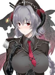 Rule 34 | 1girl, azur lane, black gloves, black hat, blush, braid, breasts, commentary request, gloves, grey hair, hat, horns, ishizu kayu, large breasts, long hair, looking at viewer, necktie, nurnberg (azur lane), red eyes, shirt, solo, taut clothes, taut shirt, twin braids, upper body, very long hair