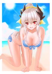 Rule 34 | 1girl, :d, all fours, barefoot, beach, bikini, blue bikini, blue sky, blush, border, bow, breasts, cleavage, cloud, collarbone, day, dragon horns, fate/grand order, fate (series), front-tie bikini top, front-tie top, hair bow, hanging breasts, heart, heart-shaped pupils, horns, kiyohime (fate), kiyohime (fate/grand order), kiyohime (swimsuit lancer) (fate), kiyohime (swimsuit lancer) (third ascension) (fate), kneeling, large breasts, long hair, ocean, open mouth, ponytail, red eyes, side-tie bikini bottom, silver hair, sky, smile, solo, sun, suzuri ir, swimsuit, symbol-shaped pupils, white border, yellow bow