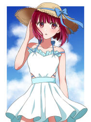 Rule 34 | 1girl, arima kana, arm up, bare shoulders, blue bow, blue ribbon, blush, bob cut, border, bow, clothing cutout, cloud, collarbone, commentary, cowboy shot, floating hair, hat, hat bow, hat ribbon, highres, inverted bob, open mouth, oshi no ko, pleated skirt, red eyes, red hair, ribbon, shirt, side cutout, skirt, sky, solo, spaghetti strap, straw hat, sun hat, tonton (6kbgievnt89kt1f), white border, white shirt, white skirt