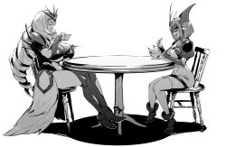 Rule 34 | 2girls, breasts, cleavage, drill hair, fang, food, geppera-sama, getter robo, happy, high heels, ice cream, large breasts, multiple girls, short hair, sitting, tea, thighhighs, thighs, thirty 8ght