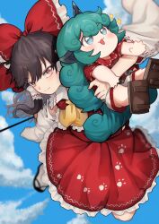 Rule 34 | 2girls, black hair, bow, brown eyes, collared shirt, curly hair, detached sleeves, frilled skirt, frills, geta, green eyes, green hair, hair bow, hair tubes, hakurei reimu, highres, horns, japanese clothes, kariyushi shirt, komano aunn, long hair, multiple girls, nontraditional miko, red bow, red shirt, red skirt, ribbon-trimmed sleeves, ribbon trim, shirt, short sleeves, shorts, sidelocks, signature, single horn, skirt, sparkle, touhou, uchisaki himari, unfinished dream of all living ghost, white shorts, white sleeves, wide sleeves